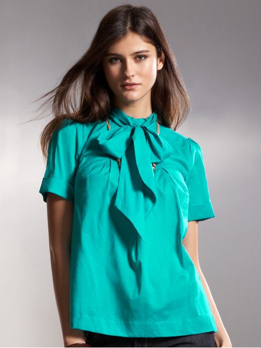 Women's Apparel: Cotton tie-neck blouse: short sleeve blouses & shirts 
